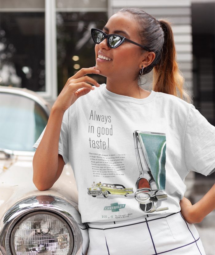 Young lady leaning on Cadillac wearing 1957 Chevy t shirt