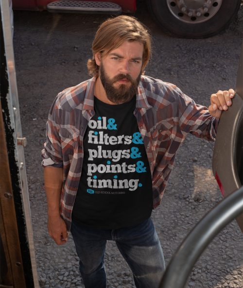 Man wearing Oil, Filters & Plugs T Shirt