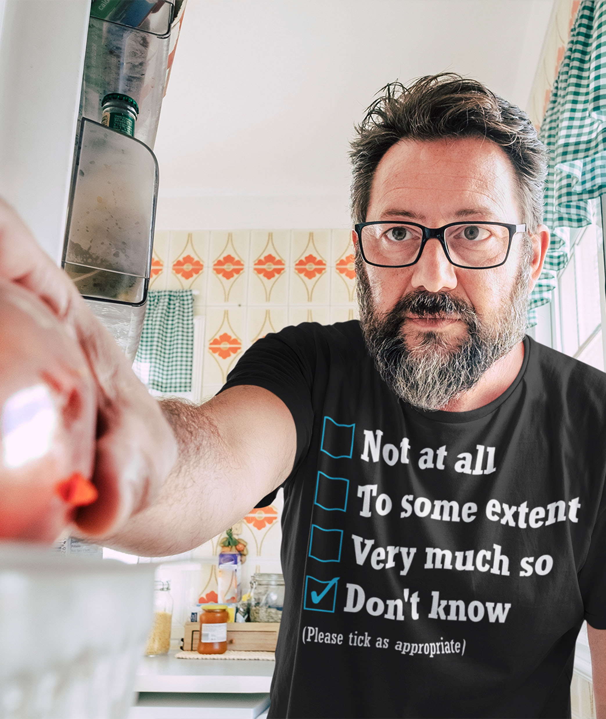 man reaching into fridge-wearing the office appraisal black t-shirt