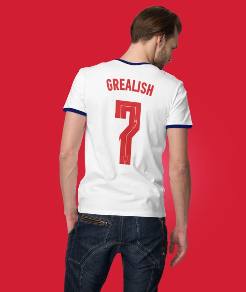 Back view of man wearing England Euro 2020 Grealish t shirt