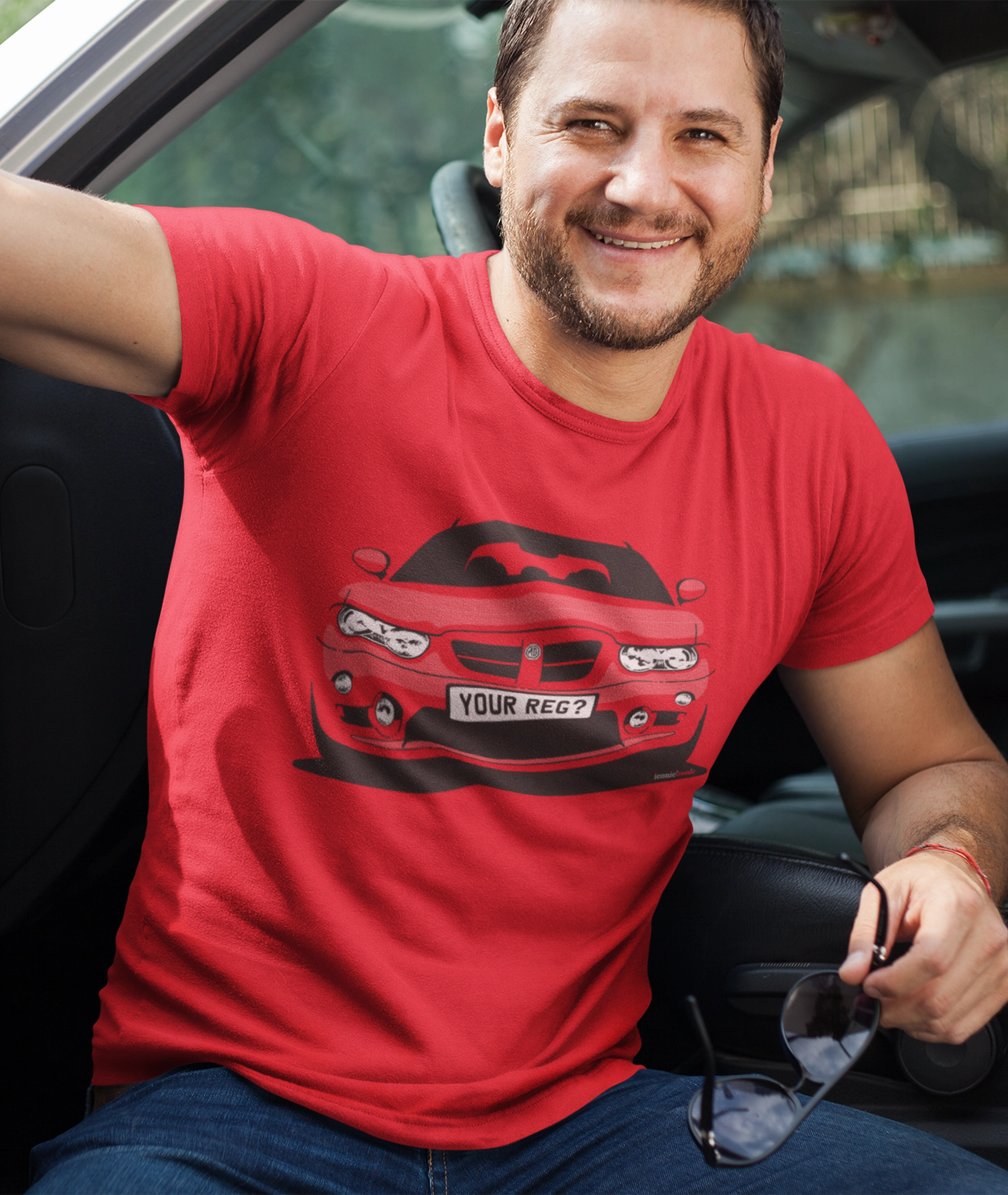 Man in car wearing red MGZT Mk2 t shirt