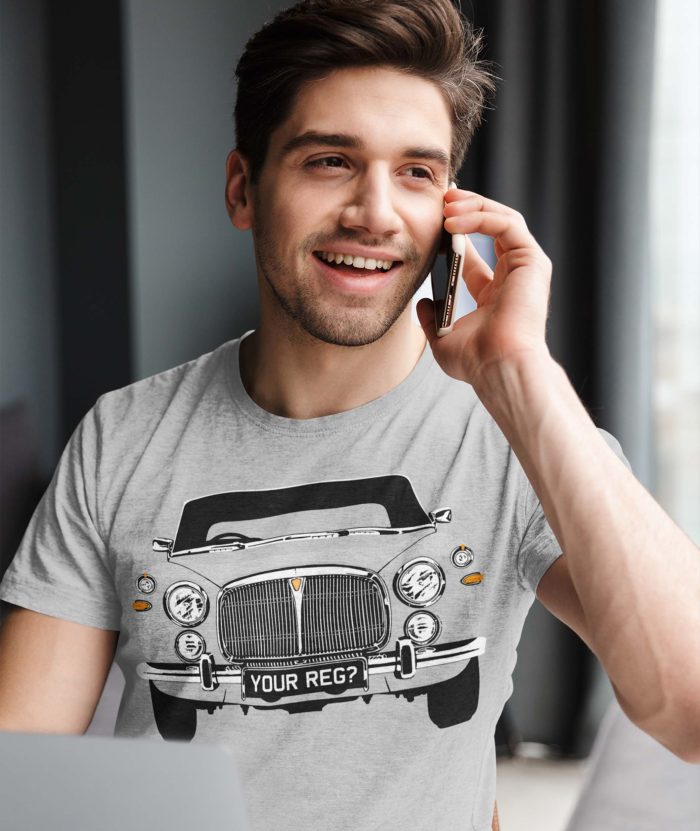 Man on Phone wearing Rover P5 Sport Grey T Shirt