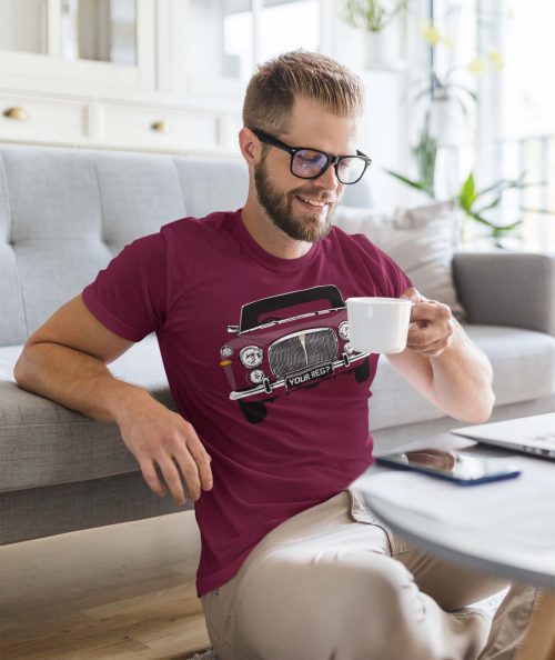 Man drinking Tea wearing Maroon Rover P5 T Shirt